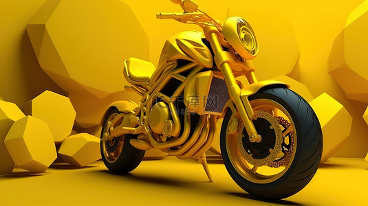 充满活力的 3D 黄色摩托车在引人注目的紫色背景上具有令人惊叹的后轮动态