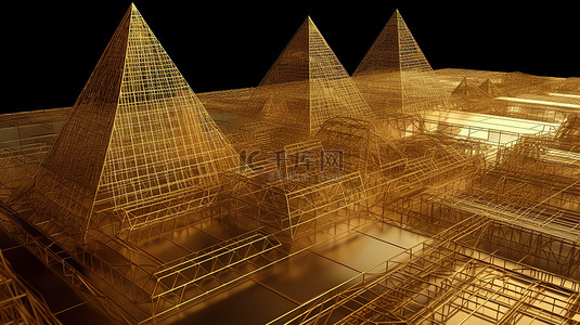 闪闪发光的三角形建筑包围在金色线框 3D 模型中