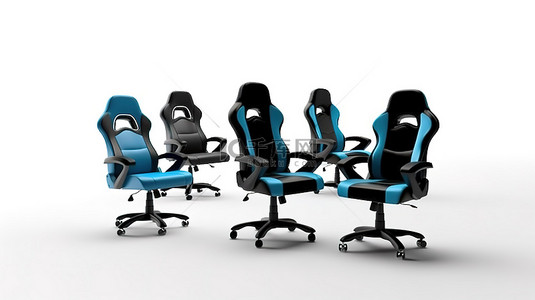 游戏桌子背景图片_3D 渲染现代黑色和蓝色游戏扶手椅，白色背景上具有多个视图
