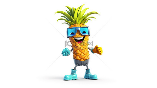 水果卡通菠萝背景图片_异想天开的卡通菠萝健身吉祥物，具有时髦风格和蓝色跟踪器，在白色背景上以 3D 渲染