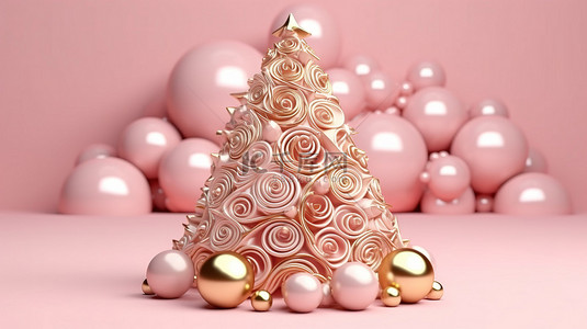 圣诞节和新年 3D 渲染的闪闪发光的粉色和金色节日松树装饰
