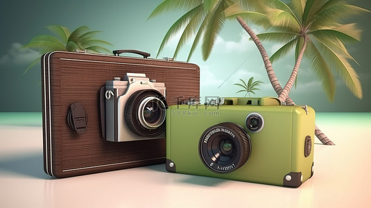 记忆背景图片_3D 相机棕榈树和手提箱捕捉到的旅行记忆