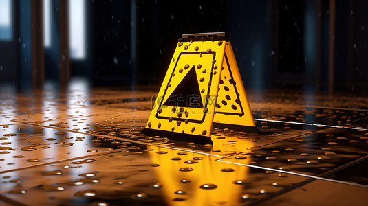 带有圆点湿地板警告的黄色加密货币警告标志的 3D 渲染