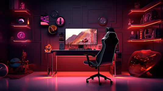 沉浸式游戏空间，配有高品质背景3D 渲染计算机和符合人体工学的椅子