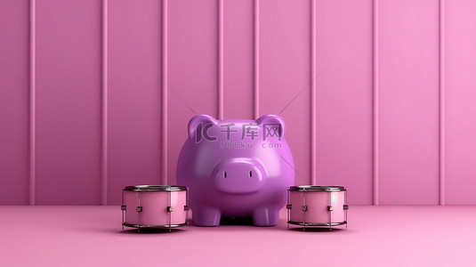 紫罗兰色非常外围舞台基座上的粉红色存钱罐的 3D 渲染，背景为圆柱形产品