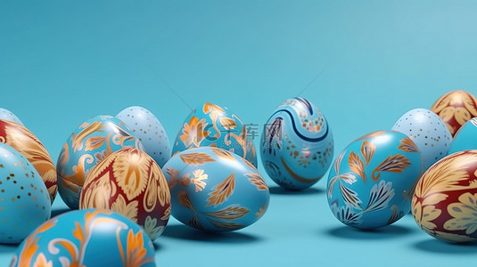 节日庆祝海报背景图片_节日复活节彩蛋 3D 插图，蓝色背景上有图案的鸡蛋，有铭文空间