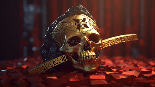 具有多边形设计的海盗装备的 3D 渲染，包括加密货币主题的剑和头骨