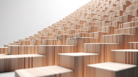 最小的木制立方体排列在楼梯上，用您的文本横幅成功 3D 渲染商业概念