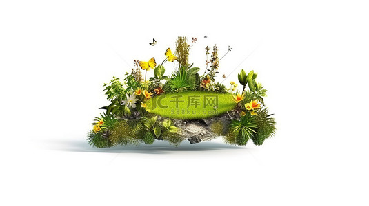 令人惊叹的 3D 渲染中原始白色背景上郁郁葱葱的绿色植物和充满活力的花朵的热带绿洲