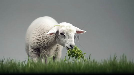 草原羊背景图片_渲染图像 eid adha 概念与一只年轻的白羊在灰色田野背景上放牧绿草