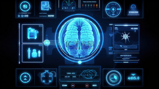 网络ui背景图片_先进的医疗屏幕，在未来的 ui 平视显示器中带有 3D 大脑插图