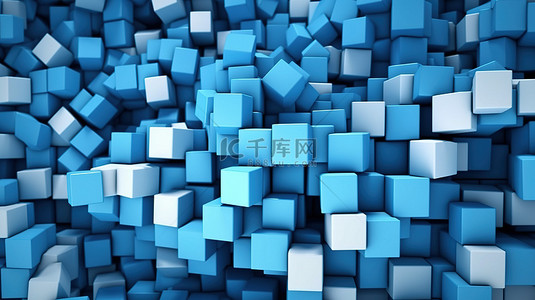 抽象 3D 渲染蓝色和白色立方体的特写在黑色背景上变形描绘技术概念