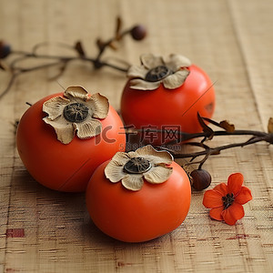 织物上有干花和叶的两个红柿子
