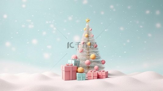 金圣诞快乐背景图片_下雪的庆祝活动柔和的圣诞树，配有礼品盒和糖果 3D 渲染图像祝您圣诞快乐新年快乐