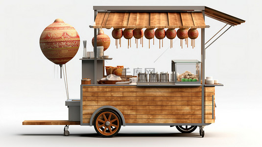 白色背景亚洲街头食品车的 3D 渲染，配有木椅和肉丸面