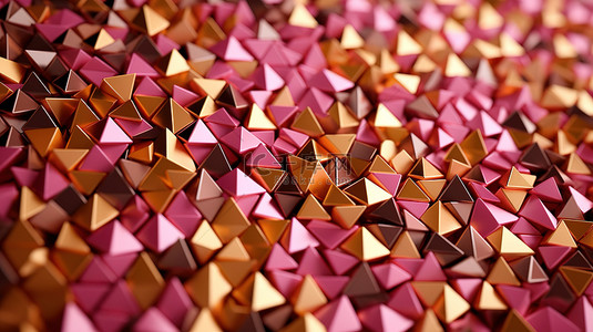粉色的光背景背景图片_现代艺术概念的抽象背景 3D 渲染，以棕色粉色和金色金属三角形马赛克为特色