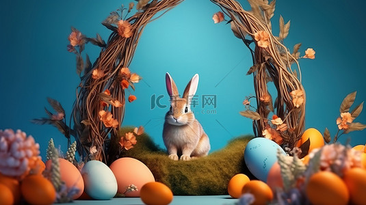 復活節背景图片_异想天开的复活节场景，配有兔子节日装饰品和欢快的 3D 插图