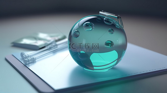 玻璃态射气泡概念，具有用于在线营销的带有剪贴板图标的文档书写的 3D 渲染