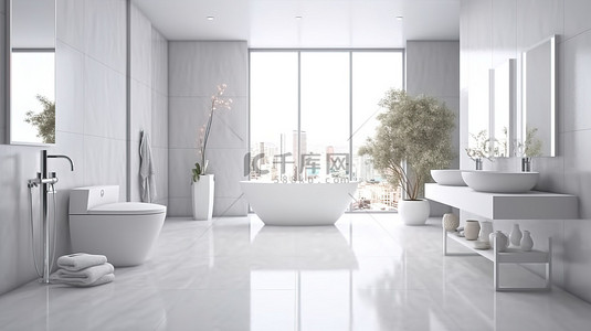 宁静的白色浴室舒适温馨的 3D 渲染
