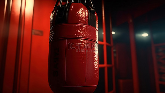 健身器材背景图片_黑暗拳击室红色皮革沙袋的特写 3D 渲染