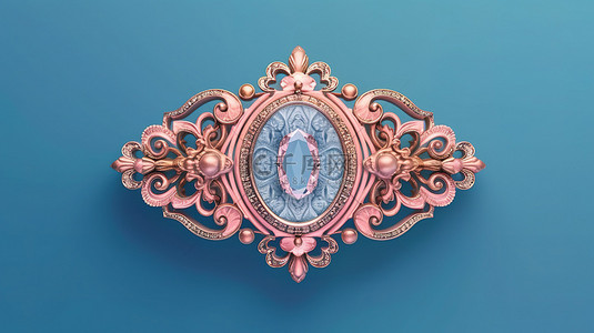 菱形蓝色背景背景图片_巴洛克复古胸针粉红色钻石宝石首饰双色调风格设置在 3D 渲染的蓝色背景下