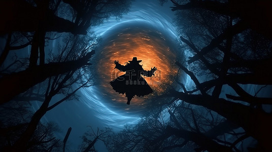 万圣节女巫剪影在满月上空翱翔的 3D 插图