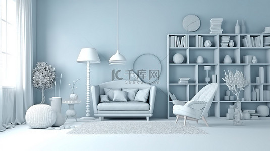 方案室内设计背景图片_具有单色柔和蓝色配色方案和装饰配件的房间的 3D 渲染