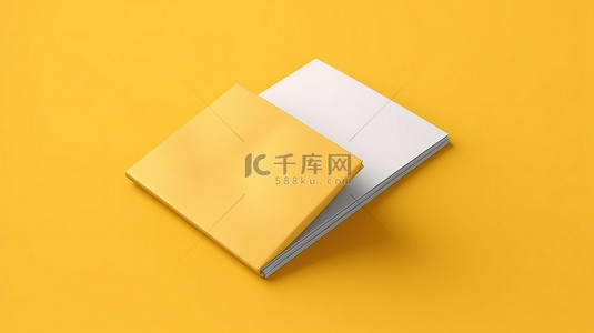 逼真的软封面方形小册子小册子和邀请样机，黄色背景 3D 渲染上带有阴影