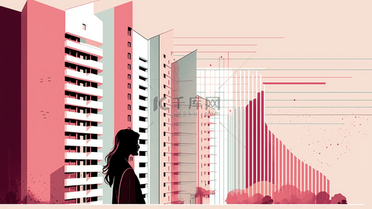 城市建筑女性剪影扁平风格粉色系列背景