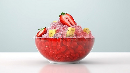 卡通水果草莓背景图片_孤立在白色卡通风格 3D 渲染的刨冰草莓 bingsu