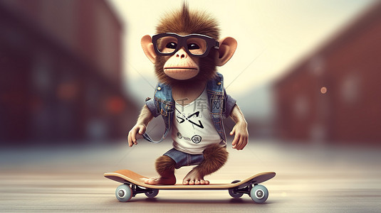 滑板猴子时髦和时尚的 3D 渲染插图