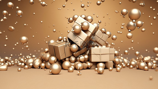 金色装饰品和米色礼品盒在节日的圣诞节背景中层叠