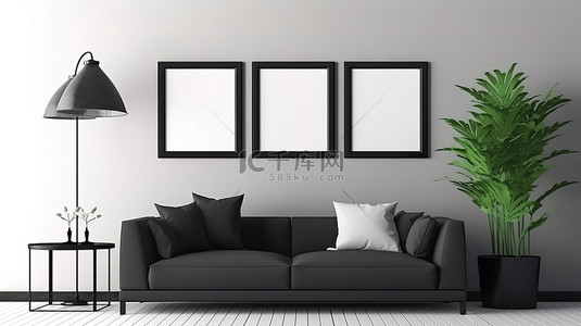 经典黑色背景图片_经典黑色室内生活工作室壁挂式框架的 3D 视觉效果
