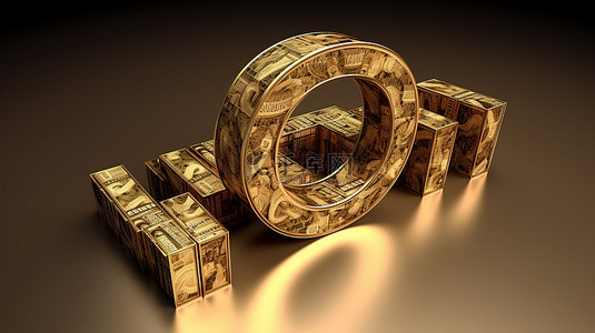 在 3D 渲染中可视化金钱硬币和百分比的财务增长