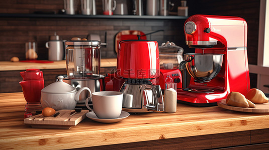 带红色厨房用具的木桌套装搅拌机烤面包机咖啡机绞肉机食品搅拌机和咖啡研磨机 3D 渲染