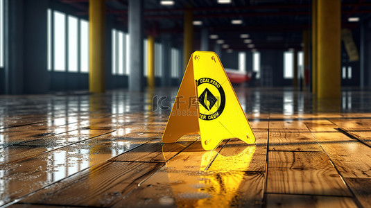湿地面背景图片_黄色湿地板标志的 3D 渲染，警告不和谐社交媒体平台上的危险