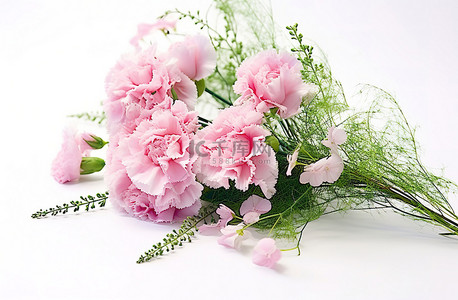 这是一束粉红色康乃馨和满天星的粉红色花束