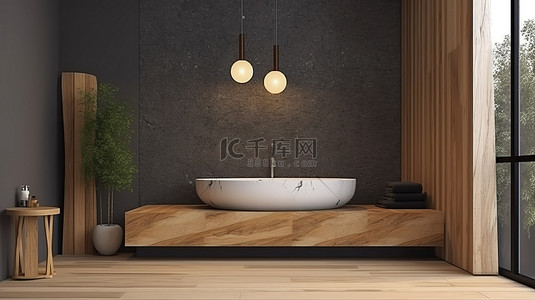 浴室背景图片_具有 3D 渲染和插图的室内场景以木材和石材装饰为特色的现代浴室设计