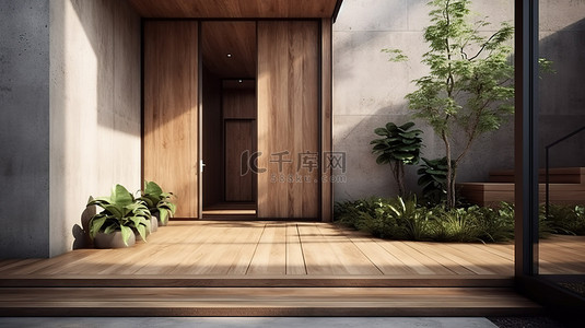 现代住宅入口以 3D 形式可视化，配有宽敞的木甲板和光滑的混凝土墙