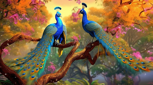 充满活力的孔雀栖息在树枝上，与 3D 数字艺术的风景相映衬