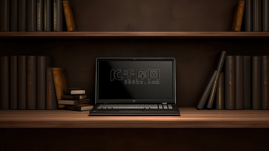 黑色背景背景图片_时尚的笔记本电脑放在黑色架子上 3D 渲染