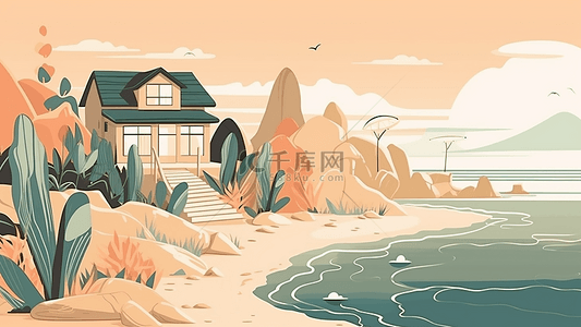 海边别墅背景图片_卡通房子海景插画
