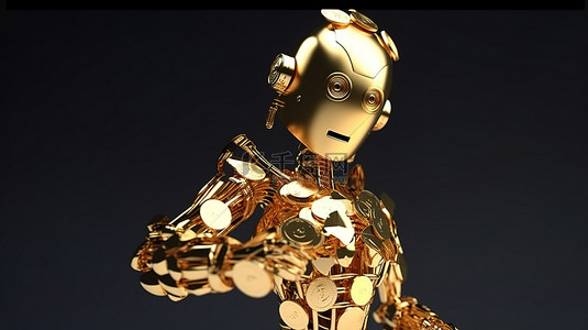 带有 3d 渲染金币的金色财富机器人