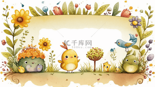 小花卉背景图片_小鸟小生物花花边框可爱卡通背景