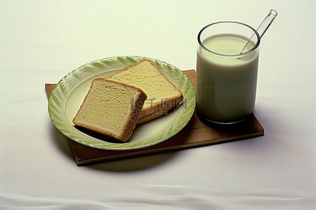 四片面包，旁边有一罐牛奶和绿茶叶