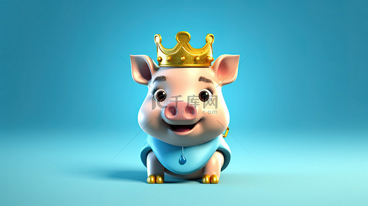 3D 插图中戴着皇冠的顽皮猪