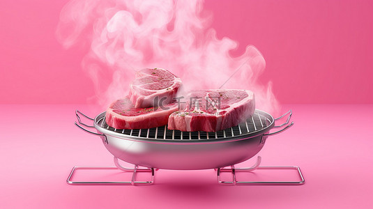 烟熏背景图片_粉红色背景 3D 渲染的烟熏烤架上的铁板牛排