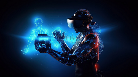 科技互联网创新背景图片_虚拟现实游戏 3D 渲染男子与 VR 耳机和控制器的插图