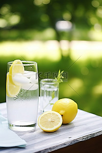 室外房间草地上的桌子上放着柠檬水，上面有柠檬片