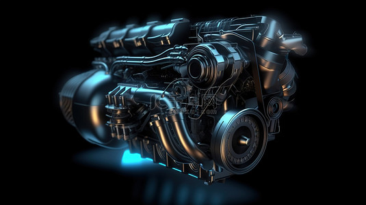 汽车发动机背景图片_现代涡轮增压汽车发动机独立在黑暗背景中，采用 3D 技术呈现